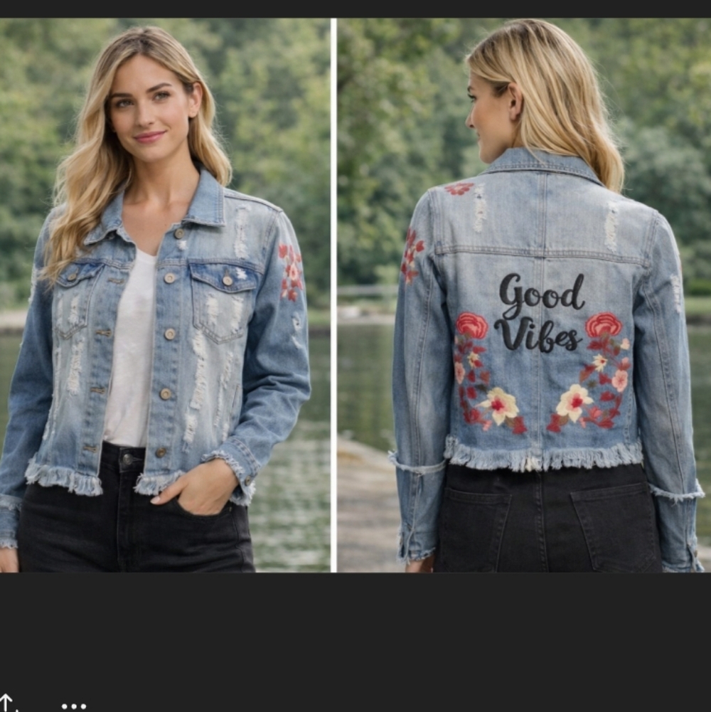 Distressed Denim Jacket Floral Embroidery “Good Vibes” Cropped Frayed Large
